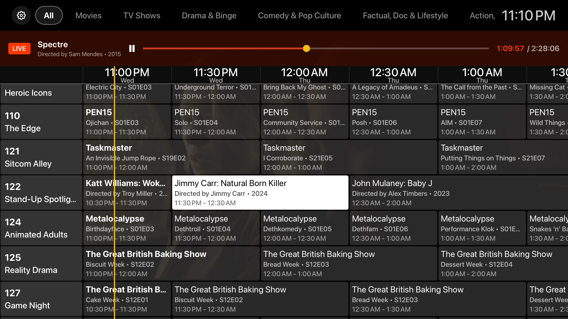 Plexara's channel guide on Apple TV